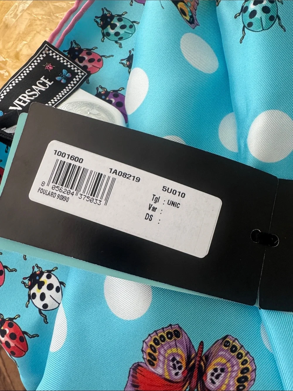 Versace NWT Turquoise Polka Dot Scarf with Colorful Butterflies & Ladybugs